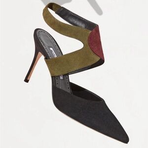 New Manolo Blahnik Suede Pumps Multicolor Black Green Pointy Toe Sz 37 Womens